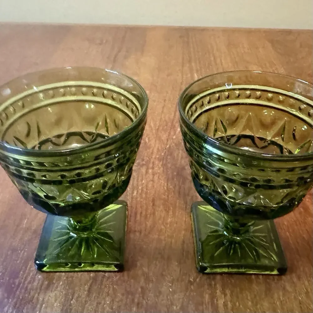 Vintage Indiana Glass Colony Avocado Green Pressed Glass Sherbet Goblets 2 MCM